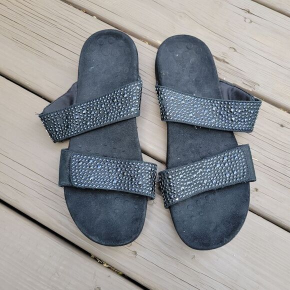 Vionic Rest Samoa Embellished Studded Black Suede Leather Double Strap Sandals - Picture 2 of 8